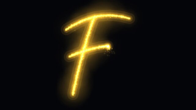 Golden glowing letter f animation, particle script alphabet for luxury branding and motion typography