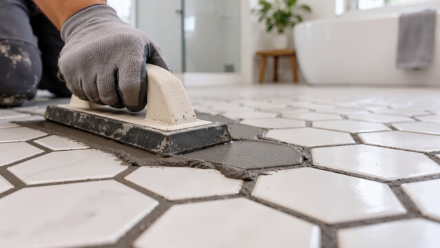 Professional Tiler Applying Gray Grout to Modern White Hexagon Floor Tiles with a Rubber Float During Bathroom Renovation