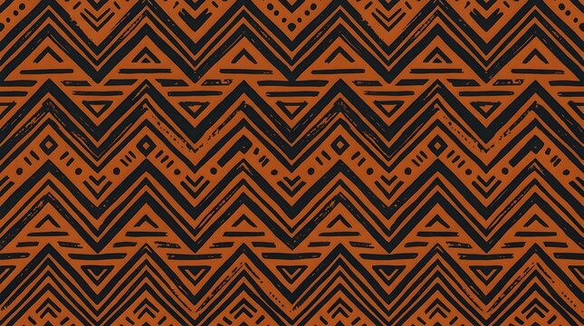 Burnt orange and black geometric zigzag pattern with tribal chevrons for bold textile, wallpaper, packaging, fashion, and contemporary decor