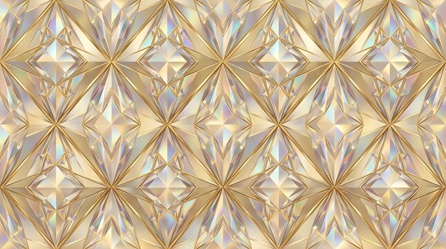 Champagne gold crystalline geometric pattern with luminous faceted shapes and elegant symmetry for luxury wallpaper, textile and decorative surfaces
