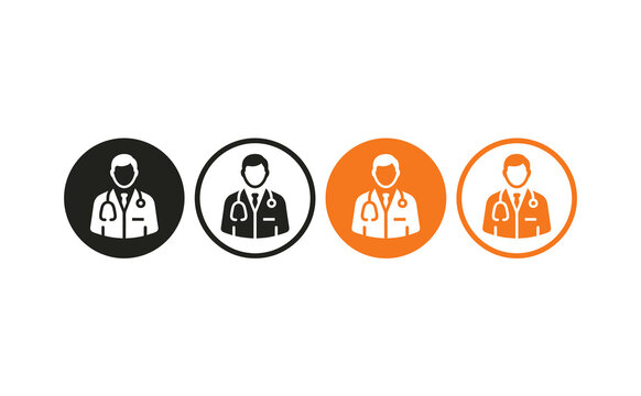 Minimalist doctor icon set featuring circular badges in black and orange colors