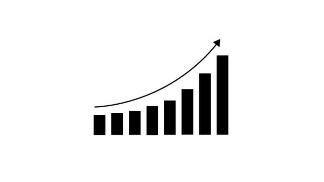 Animated business bar chart showing exponential growth and financial success with rising arrow trend line, minimalist black and white for corporate presentations and data analytics reports