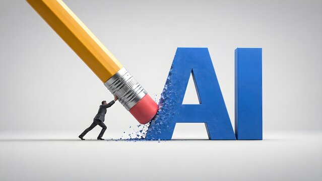 AI concept with eraser removing letters, representing artificial intelligence editing, correction, innovation, automation and technological transformation