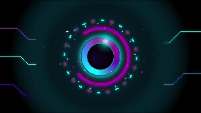 Abstract digital motion background featuring neon glowing circular interface elements and tech lines neon circles futuristic design blue pink