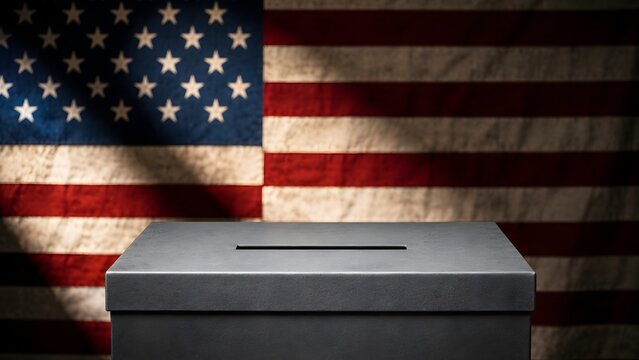 Voting ballot box against an American flag background, representing elections, civic participation, democracy, voting rights, public choice and government