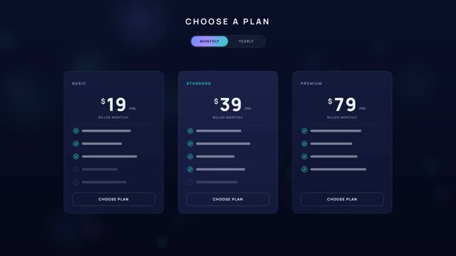 Pricing table user interface animation with monthly to yearly toggle and three subscription plans