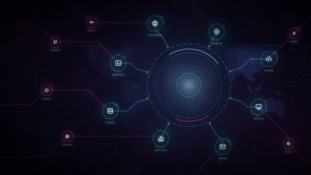Glowing code tag icon at center of software development HUD linking cloud database and API nodes