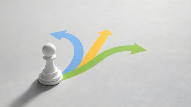 Chess pawn with colorful branching arrows illustrating strategic choices, decision making, leadership, alternatives, planning, and business direction