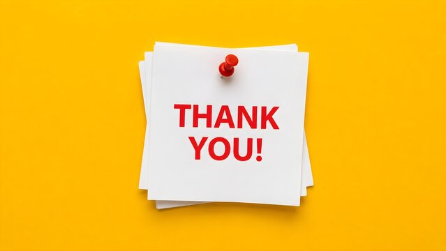 Thank you note pinned on a bright yellow background representing customer appreciation, gratitude, positive feedback, service recognition, and communication