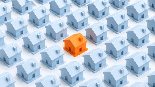 Single orange block standing out among white blocks representing innovation, differentiation, leadership, creative thinking, disruption, and unique business ideas