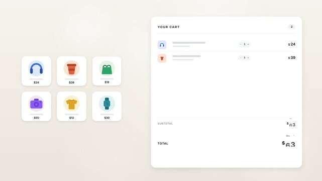 Shopping cart interface filling with products as the total updates and a discount code applies