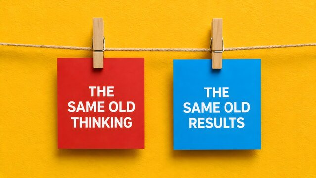 Hanging cards showing the same old thinking and same old results, illustrating repetitive business habits, stagnation, resistance to change, and innovation needs