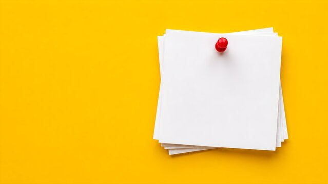 Blank pinned note on a bright yellow background representing reminders, announcements, planning, office communication, creative messaging, and workspace organization