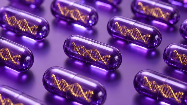 Purple capsule pattern with DNA symbols representing biotechnology, pharmaceutical research, genetic medicine, healthcare innovation, and scientific discovery