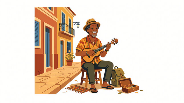 Joyful street musician plays ukulele on cobblestone street in front of colorful building