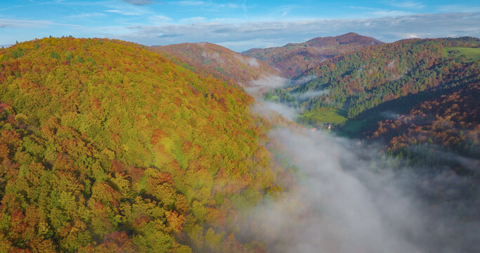 AERIAL: Colorful autumn hills surround quiet valley as morning fog drifts between the wooded slopes. Small rural homes and green meadows appear through the mist in peaceful countryside in fall season.