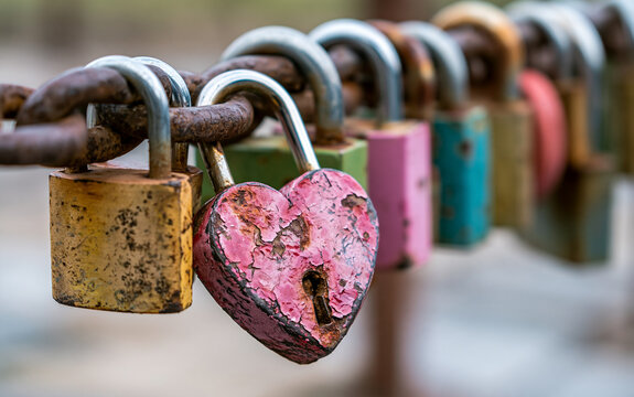 Heart-shaped padlock on a line of locks on a chain