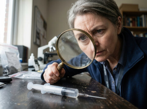 Focused Forensic Analyst Examining Syringe Evidence With Magnifying Glass
