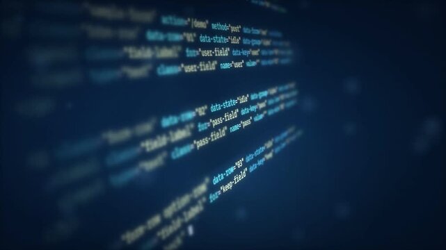 Programming code background with glowing markup text scrolling in perspective and shallow focus