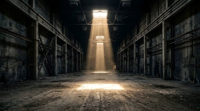 Sunlight streaming through a roof skylight into a dark vast empty industrial warehouse with abandoned building shaft light factory hall