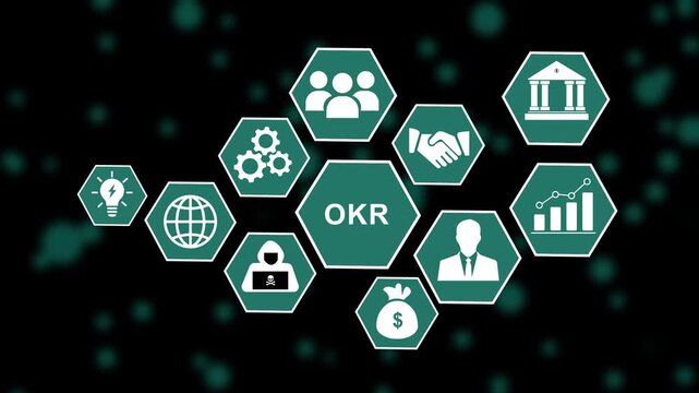 Dynamic okr objectives and key results infographic animation featuring corporate business strategic management planning, performance growth metrics, and team collaboration workflow