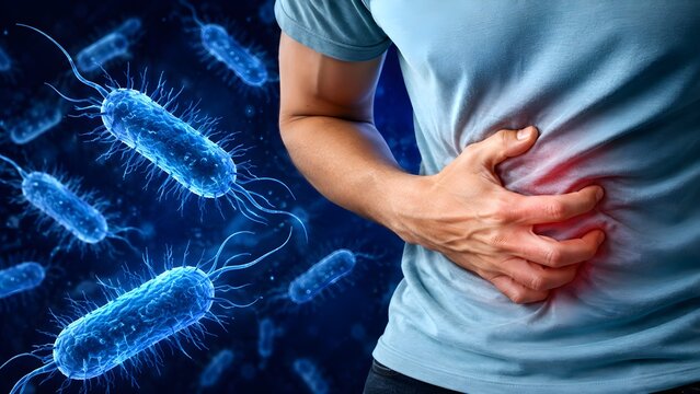 Person experiencing abdominal pain alongside microscopic bacteria, illustrating digestive infection, stomach discomfort, bacterial disease, diagnosis and healthcare