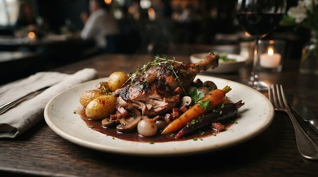 A gourmet duck confit, nestled with roasted root vegetables and pearl onions in a rich sauce, sits elegantly on a plate in a dimly lit, intimate restaurant setting.