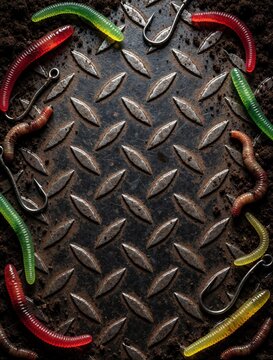Fishing bait like worms and hooks lay on dark textured metal surface. Colorful artificial lures and sharp steel hooks arranged with soil for anglers. Top view with empty space for text.