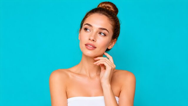 Thoughtful young woman portrait on turquoise background representing curiosity decision making uncertainty ideas personal reflection and creative problem solving