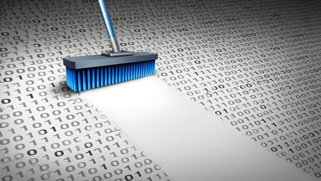 Digital data security concept featuring a blue comb erasing binary code to represent data deletion privacy cybersecurity cleanup and information protection