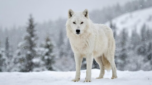 Arctic wolf standing in a snowy forest landscape during a winter snowfall with a blurred background
