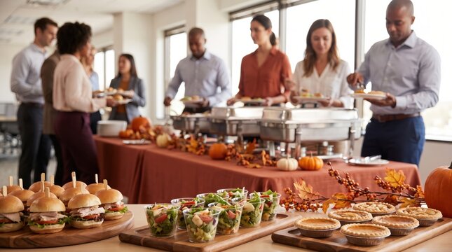 Business colleagues enjoying a catered Thanksgiving buffet in the office. Corporate catering for holiday events and US Thanksgiving celebrations, fostering team appreciation and festive.