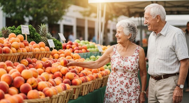 Elderly couple selecting peaches from a colorful produce display, woven baskets, friendly chatter