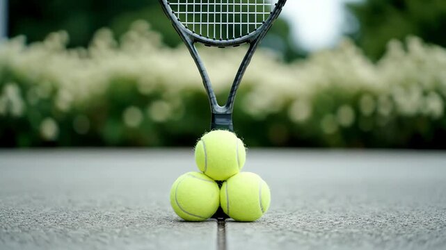 Tennis racket and balls on court surface