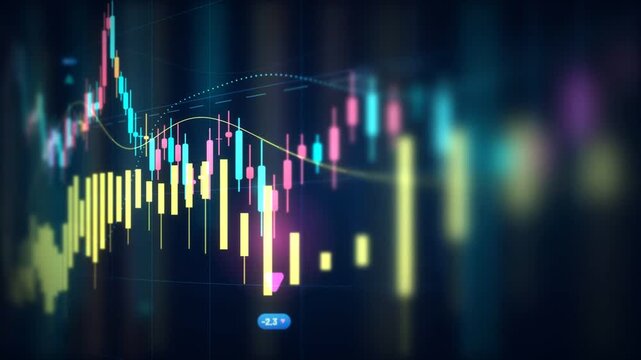 Financial market candlestick chart with yellow volume bars drifting over dark bokeh lights
