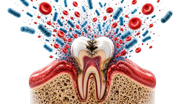 Dental health illustration showing a tooth cross section surrounded by bacteria representing tooth decay oral hygiene cavity prevention dental care and treatment