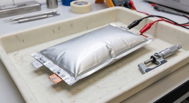 Lithium ion pouch cell battery swelling defect testing in modern electronics research laboratory