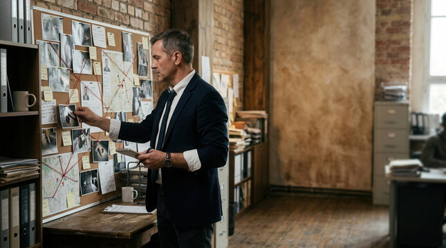 Detective Investigating Crime Board With Photos And Connections