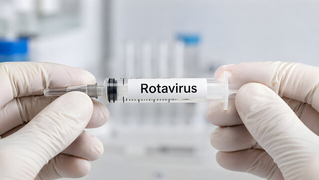 Laboratory coronavirus test concept showing gloved hands holding a sample tube labeled rotavirus for infectious disease diagnosis medical screening and research