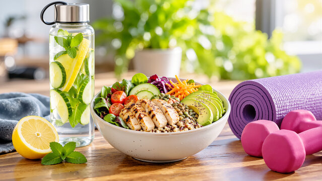 Healthy Lifestyle Concept with Fresh Grilled Chicken Salad Bowl, Detox Infused Water, Yoga Mat, and Dumbbells for Fitness and Nutrition