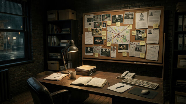 Detective's Investigation Room With Crime Board And Desk Filled With Clues