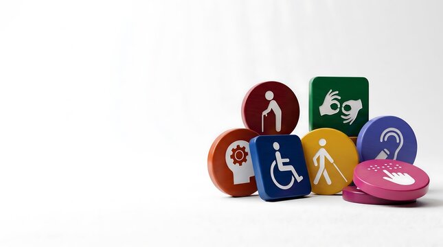 Group of colorful icons representing different types of disabilities and accessibility symbols for inclusion and diversity on a white background