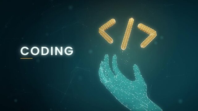 Coding software development title beside a particle hand holding a glowing code tag symbol