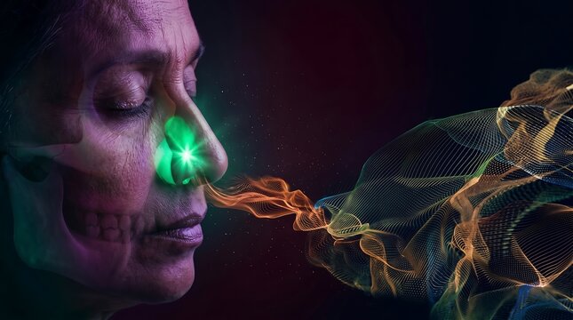 Profile of a mature woman with a glowing nasal cavity and colorful waves representing the sense of smell and olfactory function
