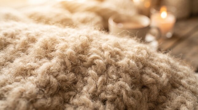 A cozy and warm knitted blanket with soft texture, accompanied by a cup of coffee and a lit candle, evoking a sense of comfort and relaxation