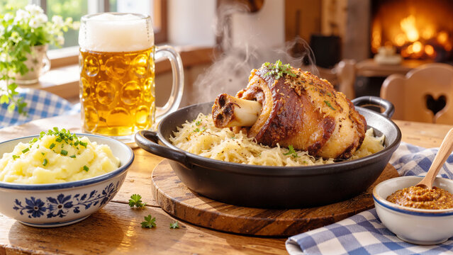 Traditional Bavarian Schweinshaxe: Crispy Roasted Pork Knuckle Served with Sauerkraut, Mashed Potatoes, Mustard, and a Mug of German Beer