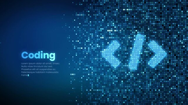 Coding text and code bracket icon animation on blue halftone dot technology background