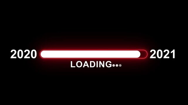 Dynamic new year countdown animation featuring a glowing red progress bar loading from 2020 to 2021, digital technology concept for holiday celebration, festive motion for social media