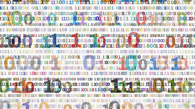 Colorful binary number rows scrolling across a bright white digital data background