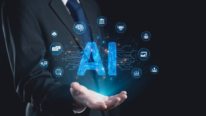 Fototapeta premium AI Assistant Brain Processor with LLM Technology, Big Data, Machine Learning, Generative AI for Business Support, Future Agentic AI Technology and Artificial Intelligence Prompt Engineering. Elide